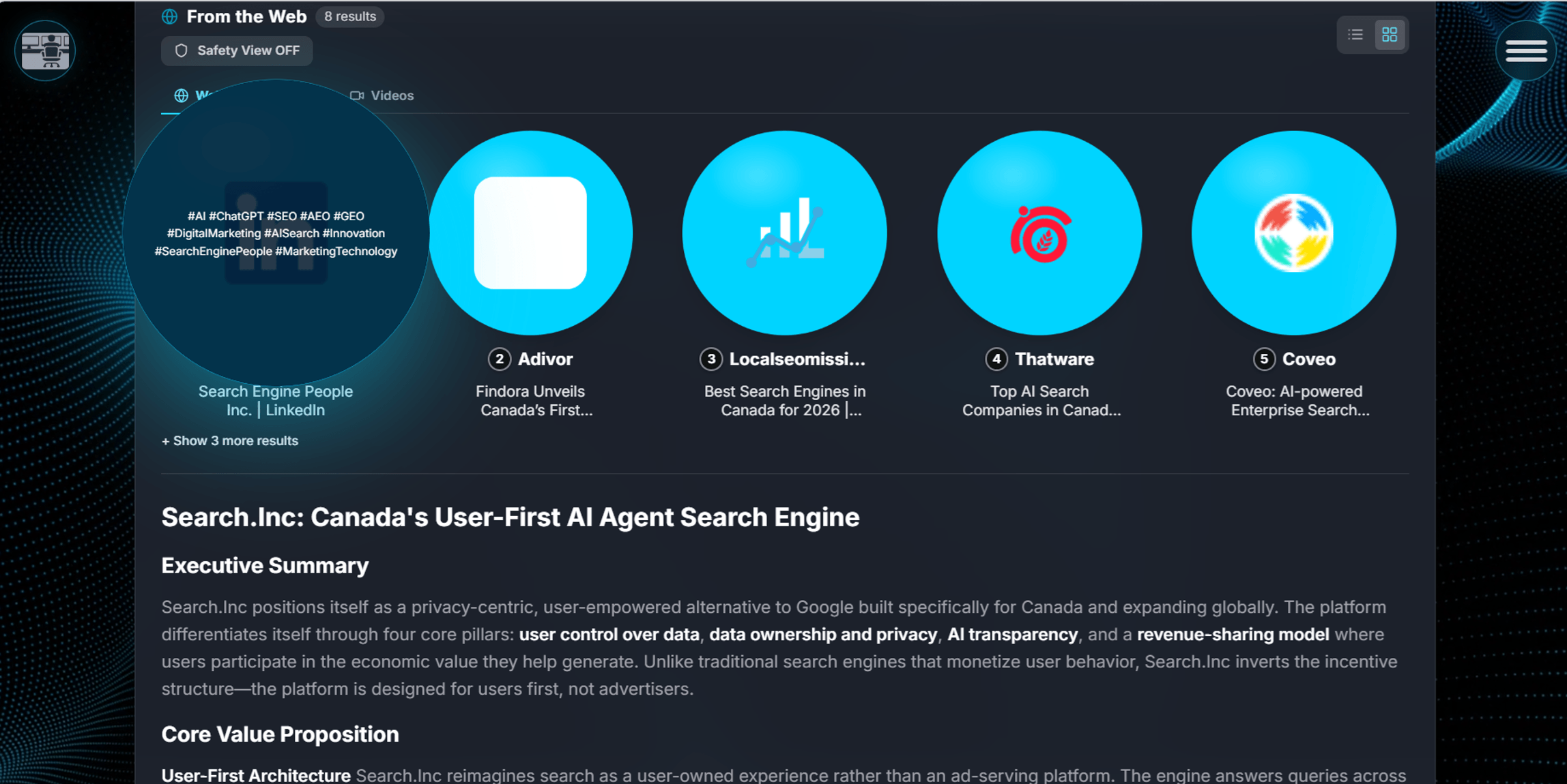 Search.inc privacy-first AI search results with source summaries and a cited overview of the product